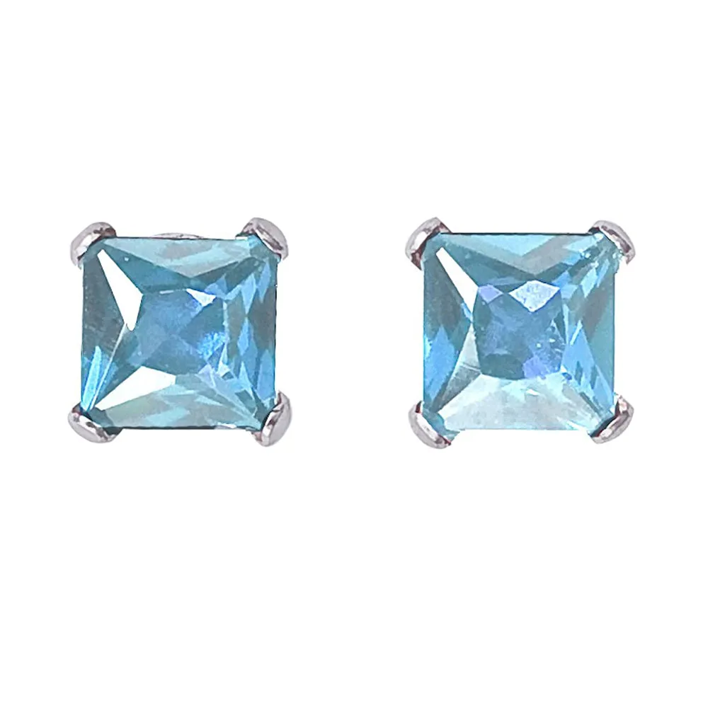 10k White Gold Plated 4 Carat Square Created Aquamarine Sapphire Stud Earrings