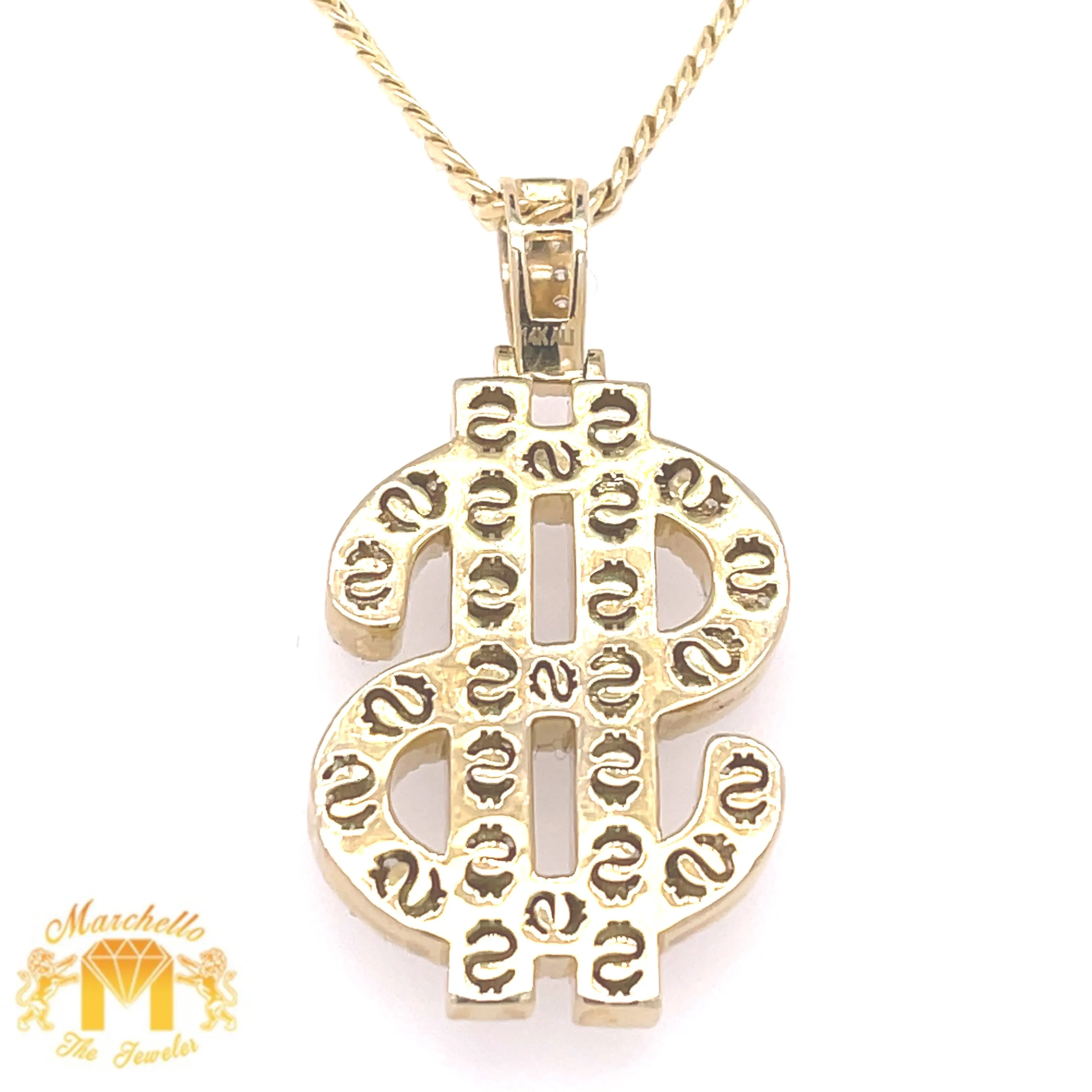 14k Gold Dollar Sign Pendant with Round Diamond and Gold Cuban Chain Set