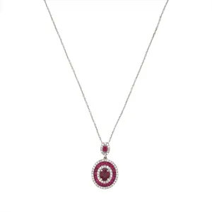 14K Gold Multi Row Diamond Halo and Ruby Pendant Necklace