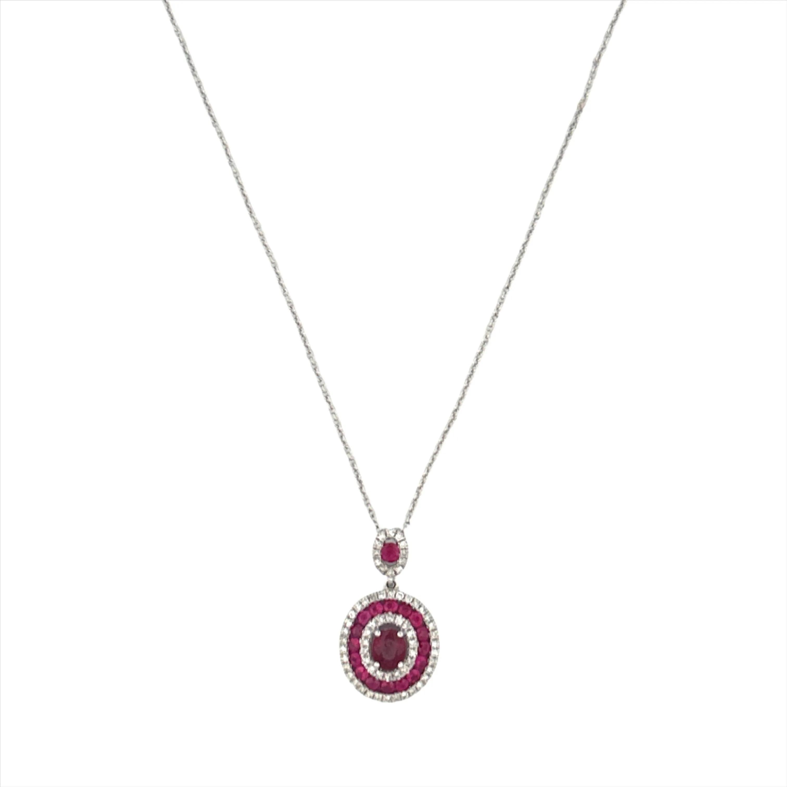 14K Gold Multi Row Diamond Halo and Ruby Pendant Necklace