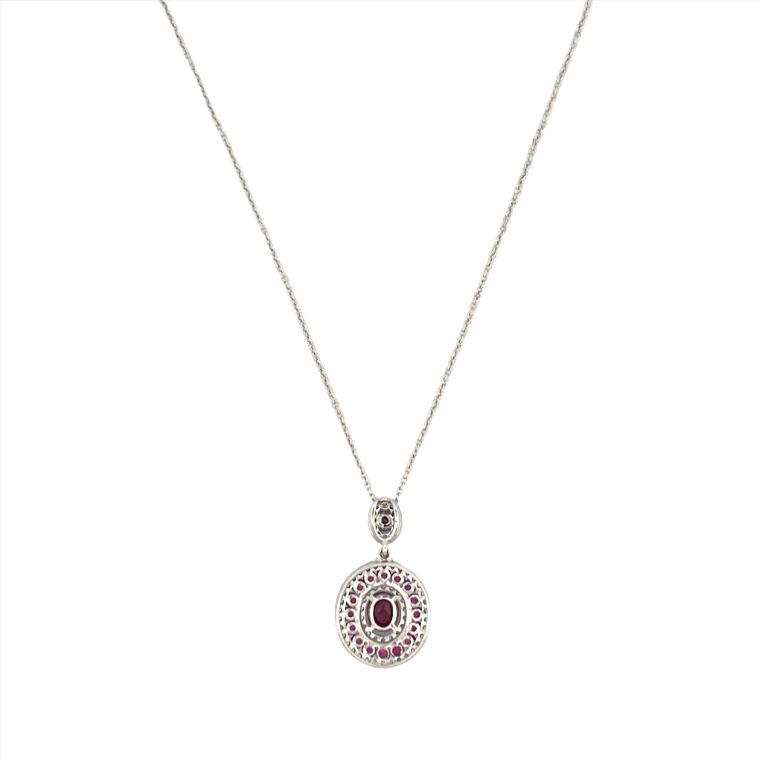 14K Gold Multi Row Diamond Halo and Ruby Pendant Necklace