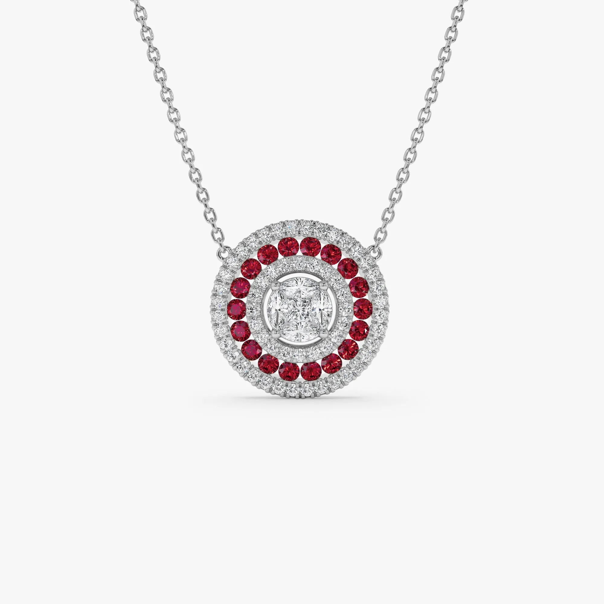 14K Gold Round Diamond Ruby Necklace