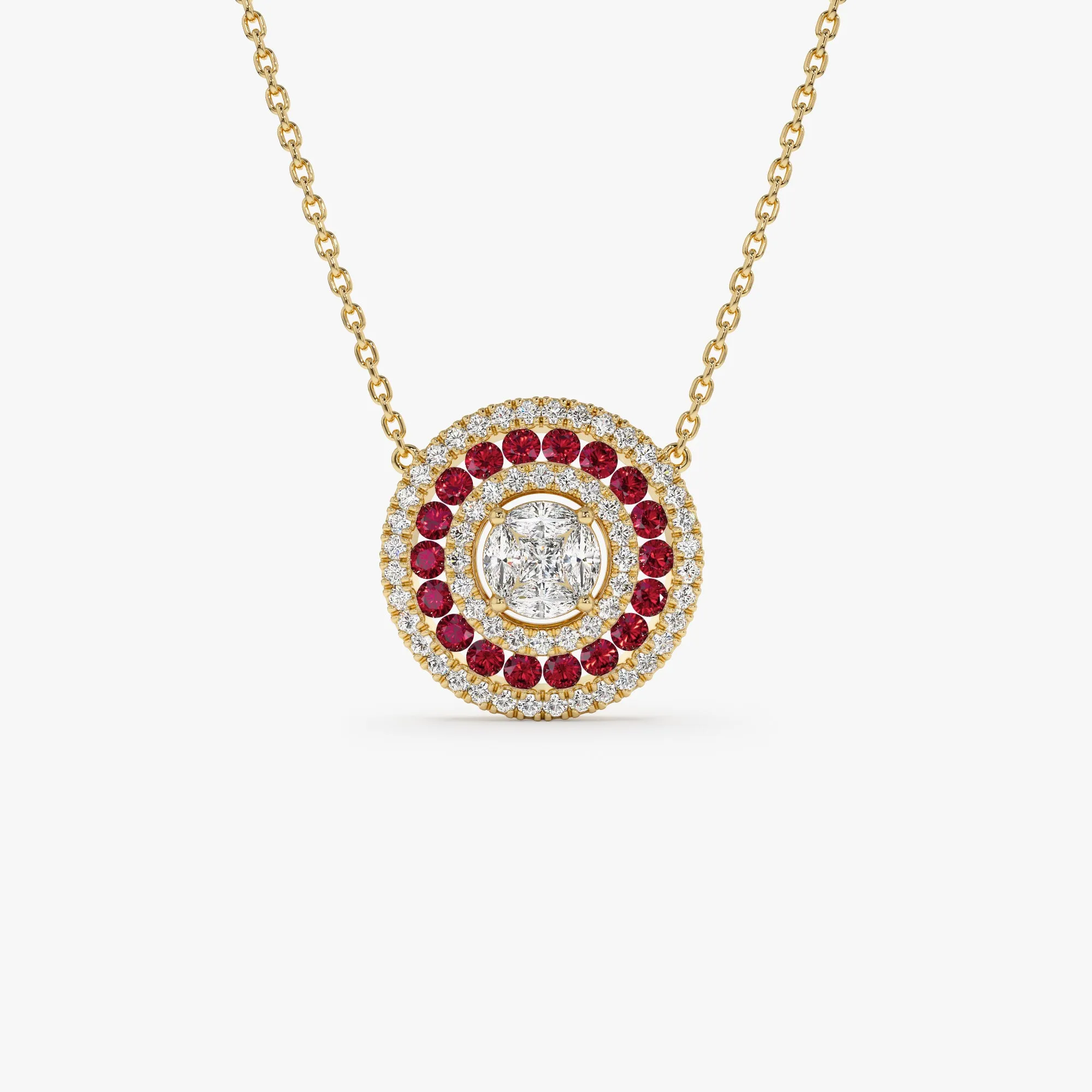 14K Gold Round Diamond Ruby Necklace