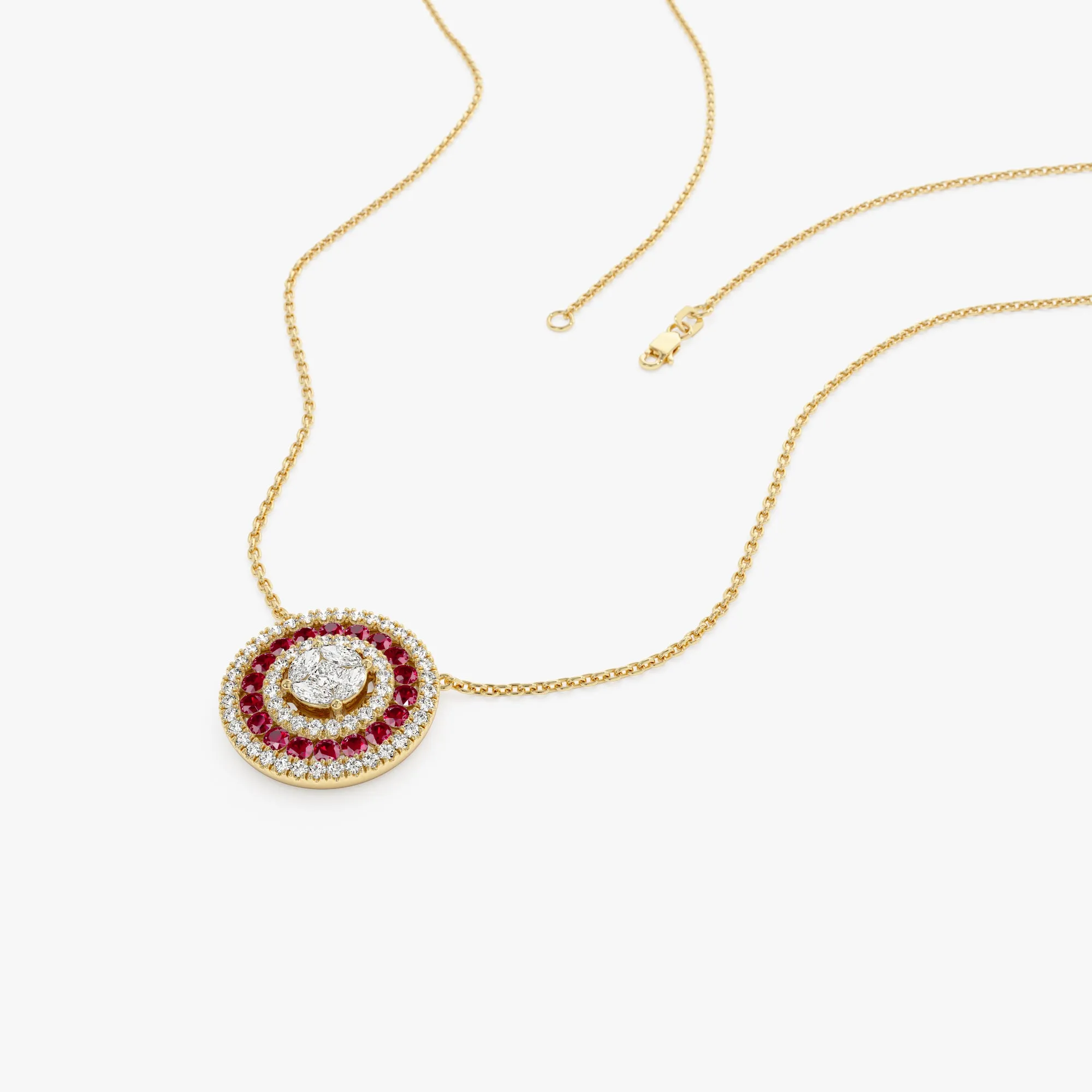 14K Gold Round Diamond Ruby Necklace