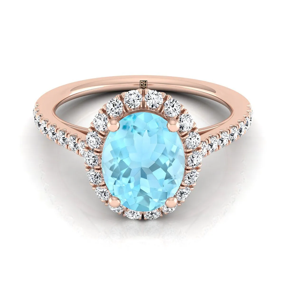 14K Rose Gold Oval Aquamarine Petite Halo French Diamond Pave Engagement Ring -3/8ctw