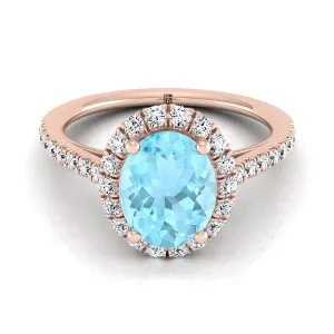 14K Rose Gold Oval Aquamarine Petite Halo French Diamond Pave Engagement Ring -3/8ctw