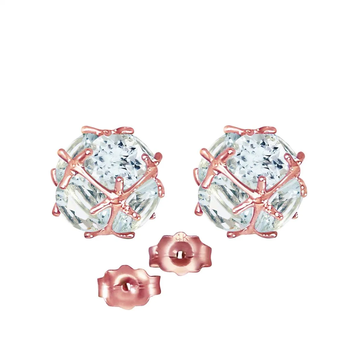 14K Solid Rose Gold Stud Earrings Natural Aquamarines