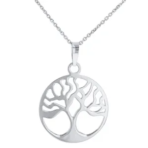 14k Solid White Gold Tree of Life Disk Chain Pendant Necklace