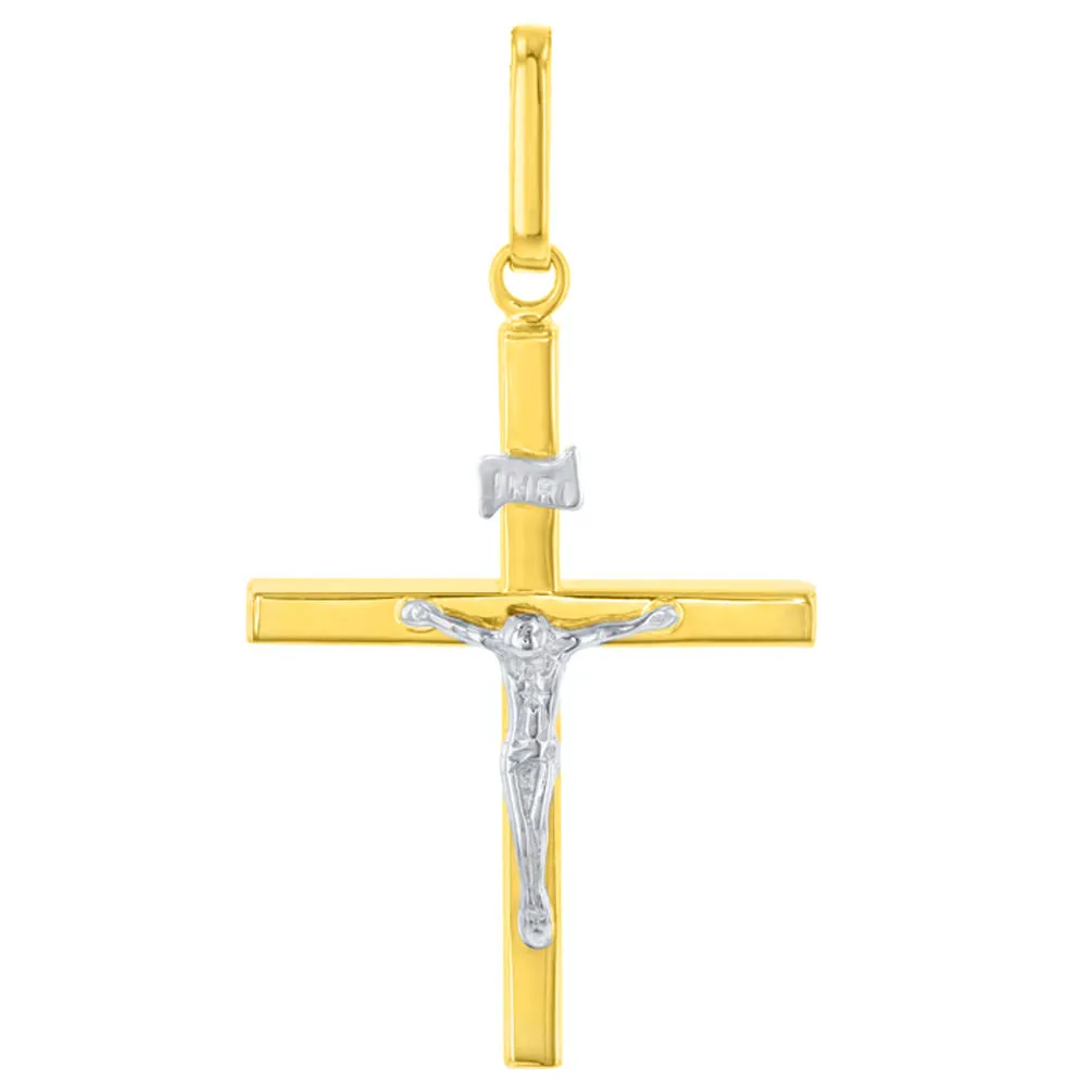 14K Two-Tone Gold Slender Cross INRI Crucifix Pendant Necklace