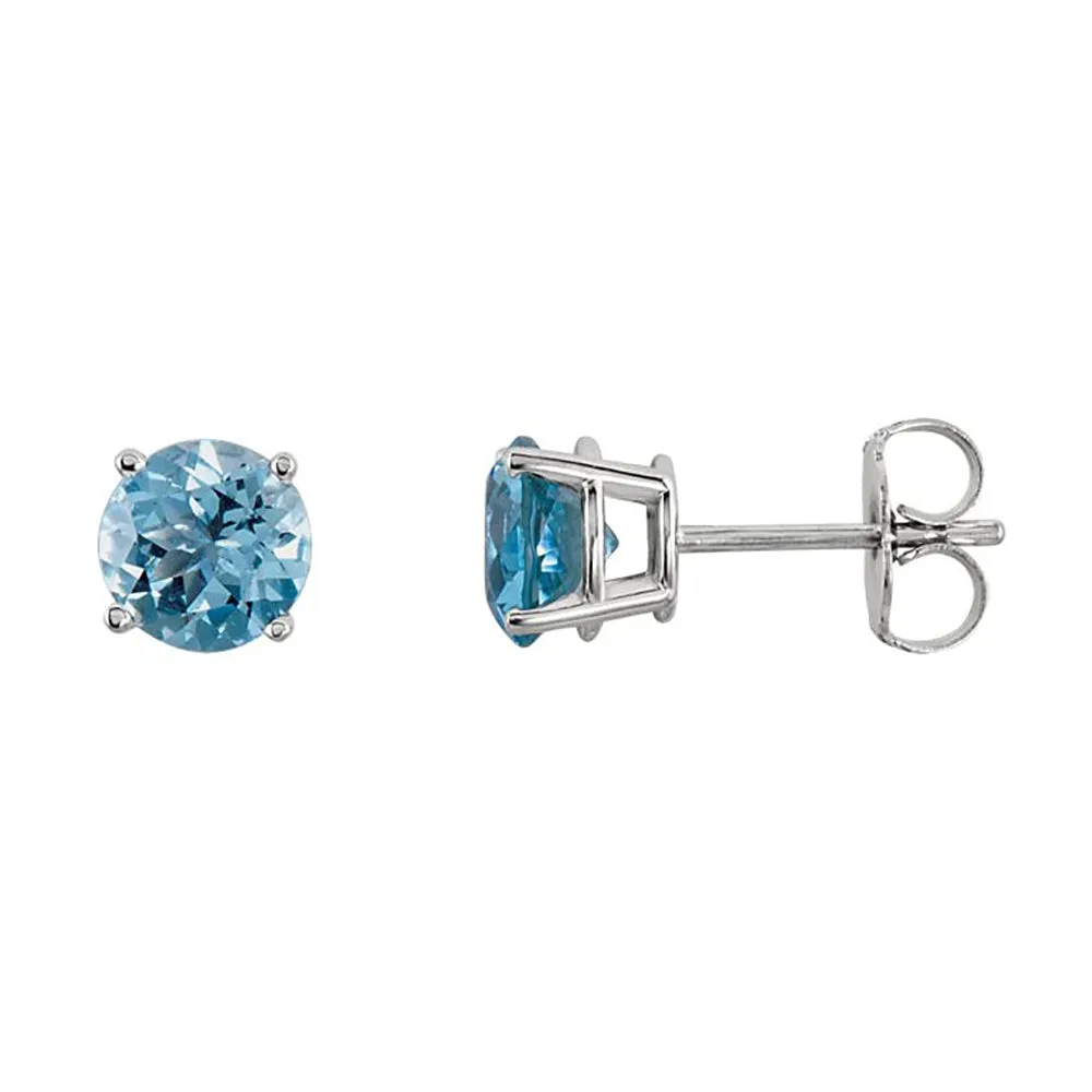 14k White Gold Plated 1 Carat Round Created Aquamarine Sapphire Stud Earrings