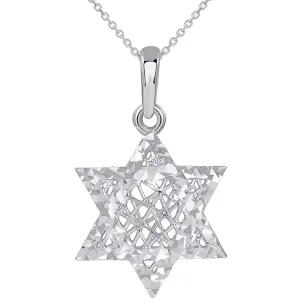 14k White Gold Textured 3D Jewish Star of David Pendant Necklace