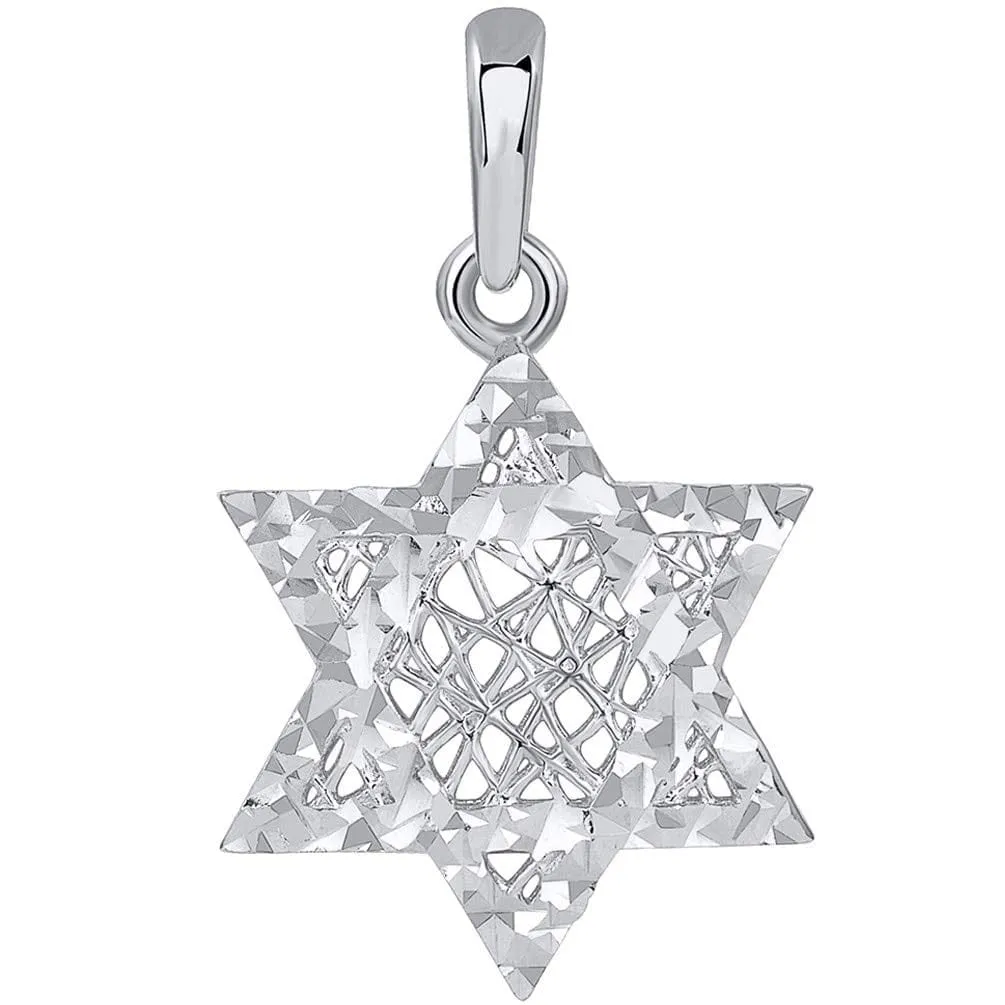 14k White Gold Textured 3D Jewish Star of David Pendant Necklace