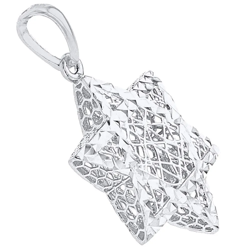 14k White Gold Textured 3D Jewish Star of David Pendant Necklace