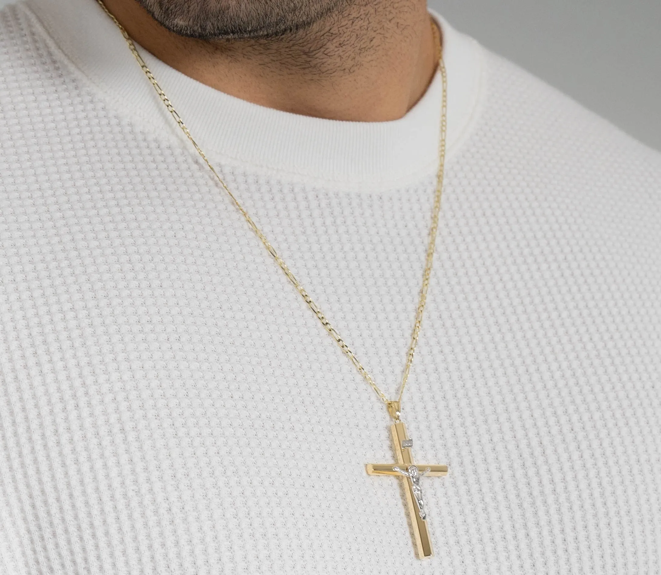 14K Yellow Gold & White Gold Large Tube Crucifix Six Sided Cross Pendant Necklace