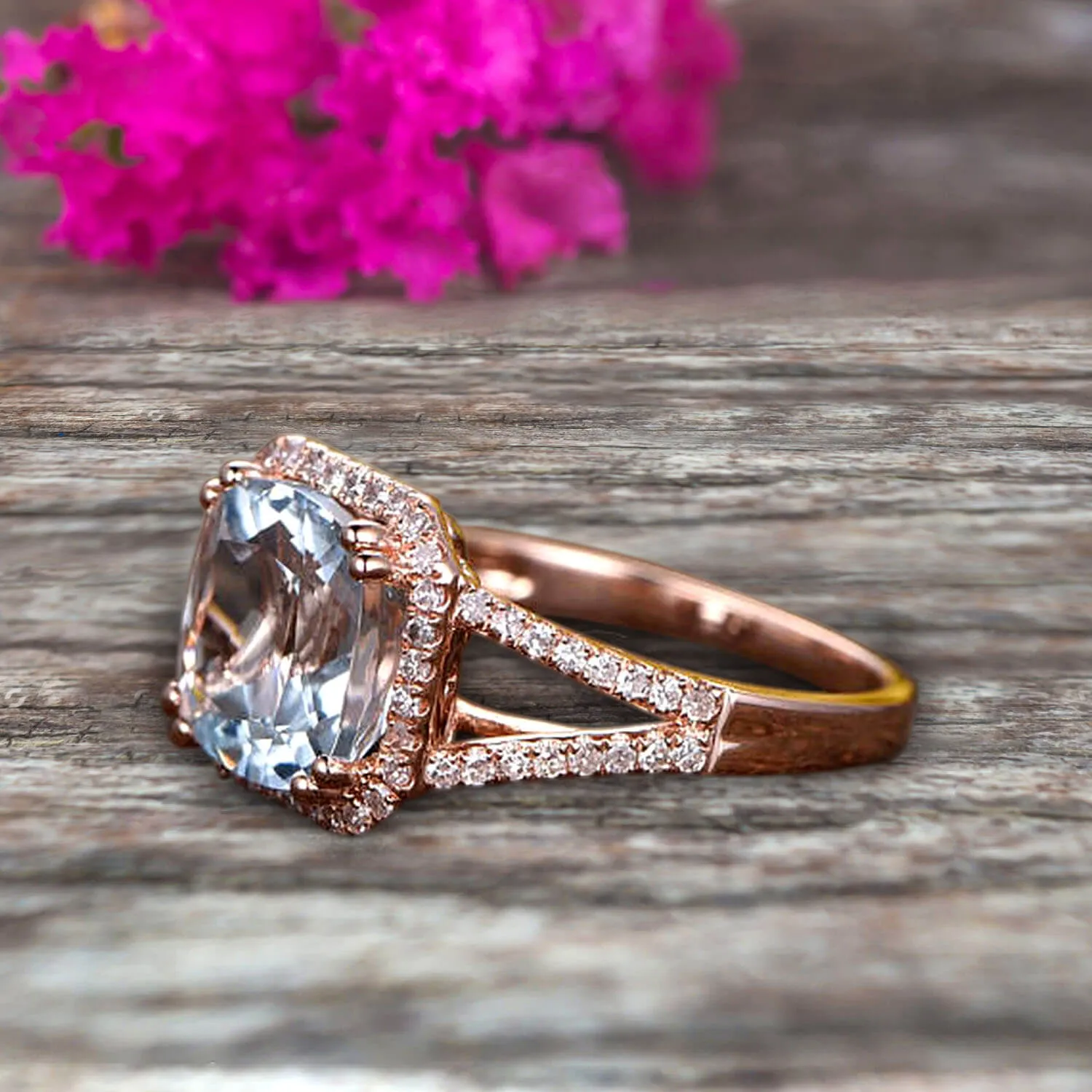 1.50 Carat Aquamarine Engagement Ring On 10k Rose Gold Anniversary Ring HALO Cushion Aquamarine