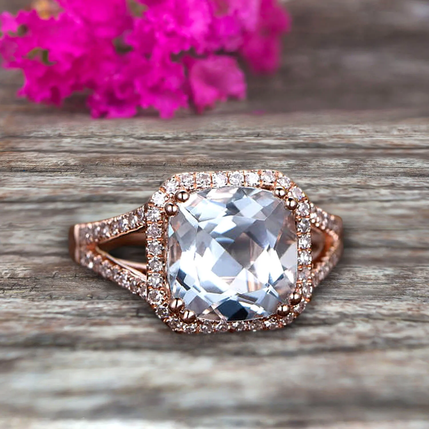 1.50 Carat Aquamarine Engagement Ring On 10k Rose Gold Anniversary Ring HALO Cushion Aquamarine