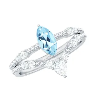 1.50 CT Real Aquamarine Ring Set with Diamond