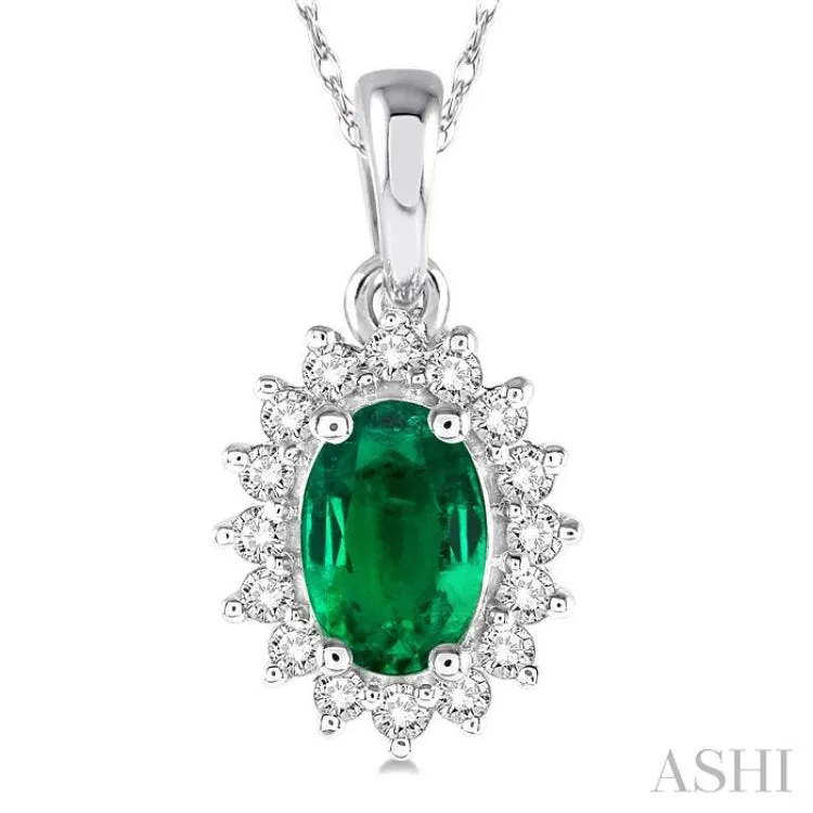 1/8 Ctw Round Cut Diamond and Oval Cut 6x4mm Emerald Center Sunflower Precious Pendant in 10K White Gold with chain