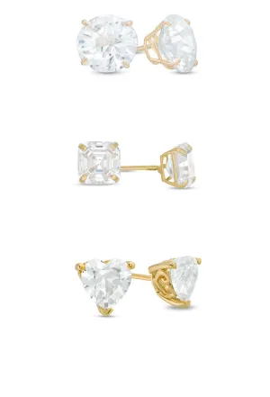 18k Yellow Gold Moissanite 3 Pair Round, Square and Heart Stud Earrings Plated 4mm By Paris Jewelry