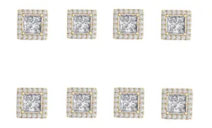 18k Yellow Gold Plated 1Ct Square Cut White Sapphire Set of Four Halo Stud Earrings