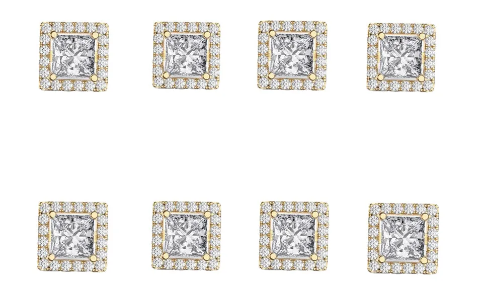 18k Yellow Gold Plated 1Ct Square Cut White Sapphire Set of Four Halo Stud Earrings