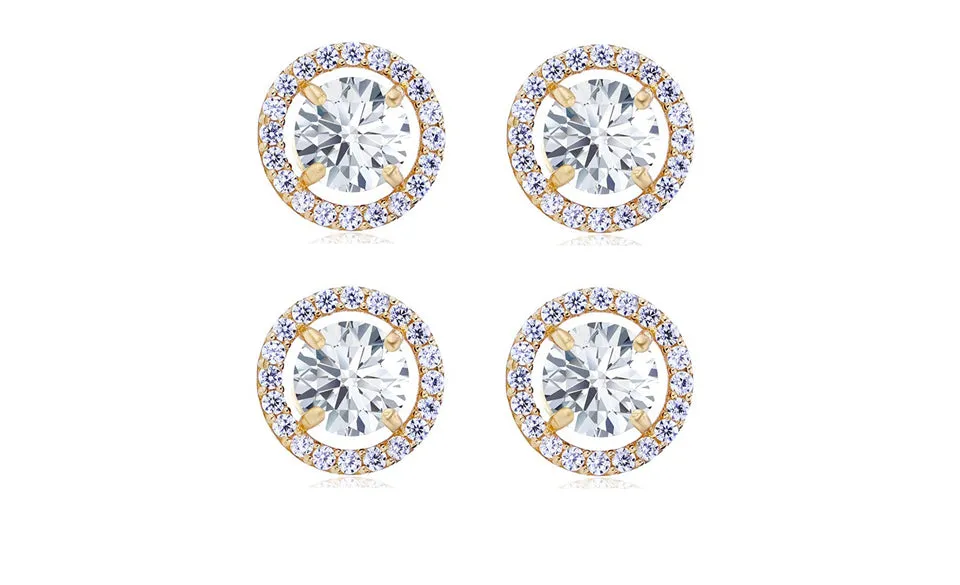 18k Yellow Gold Plated 6mm 1Ct Round White Sapphire Set of Two Halo Stud Earrings