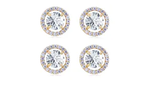 18k Yellow Gold Plated 6mm 1Ct Round White Sapphire Set of Two Halo Stud Earrings