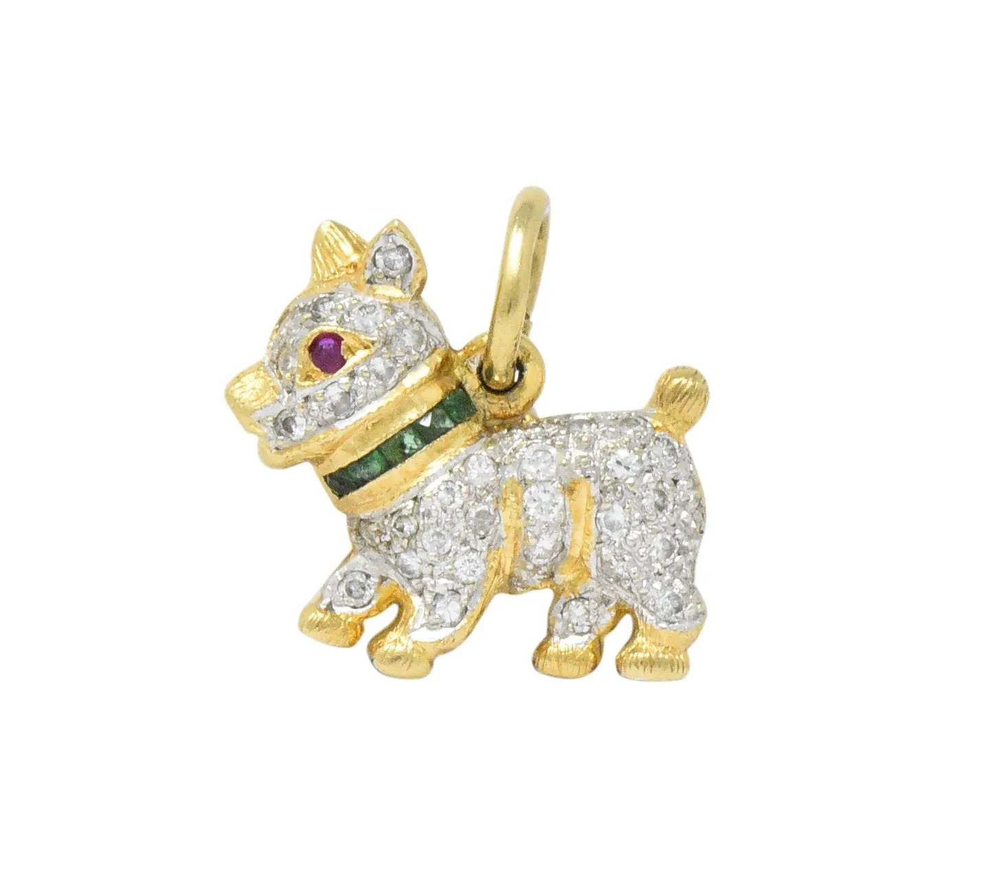 1980's Vintage 0.55 CTW Diamond Emerald 18 Karat Two-Tone Gold Scottie Terrier Charm