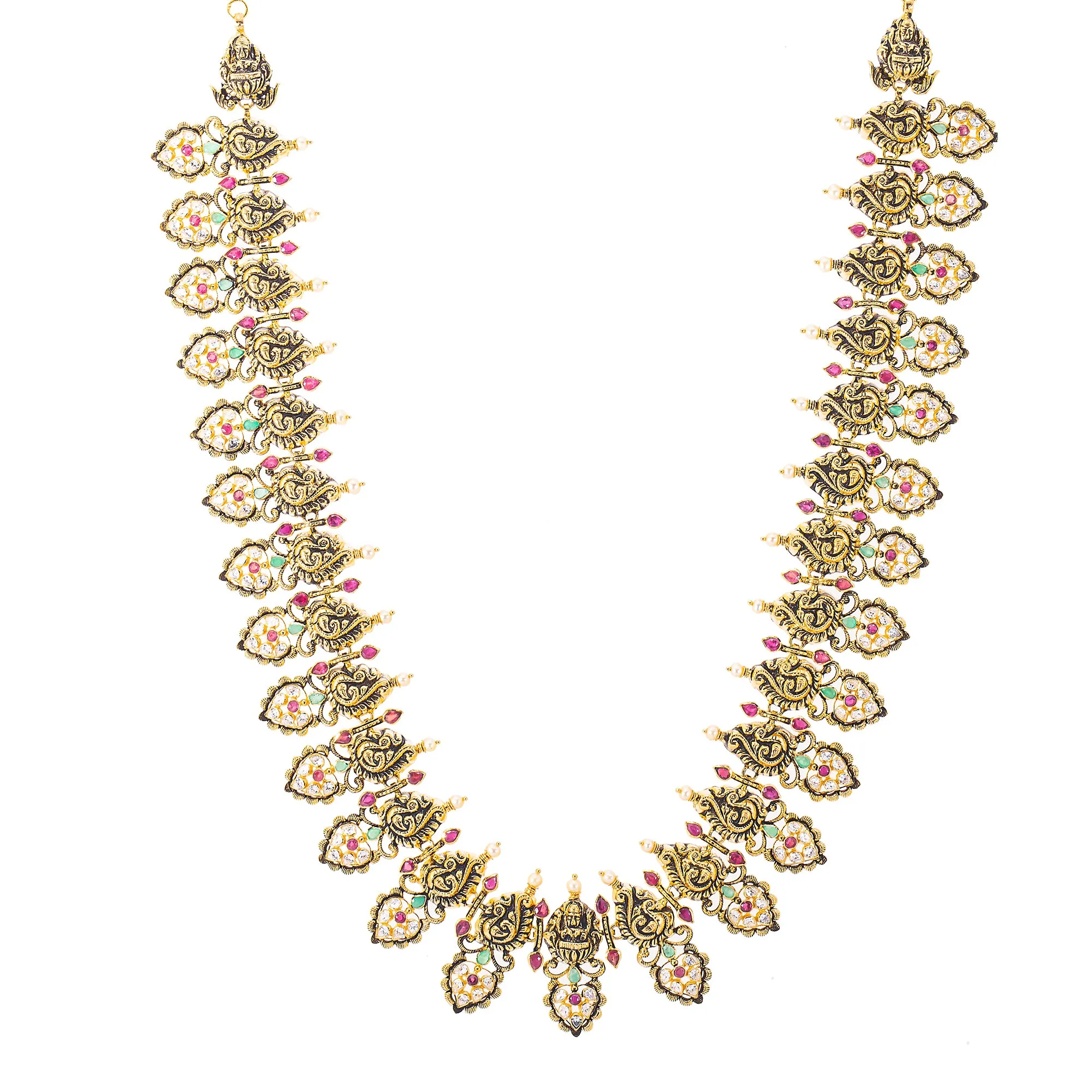 22K Antique Gold, Gemstone, Pearl & CZ Temple Jewelry Set (106.1gm)