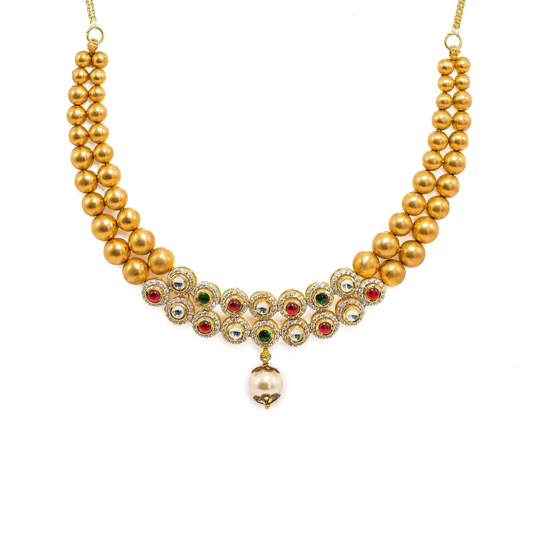 22K Yellow Gold Necklace And Earrings Set W/ Rubies, Emeralds, CZ Stone Jewelry, Pearls & Smooth Gold Balls