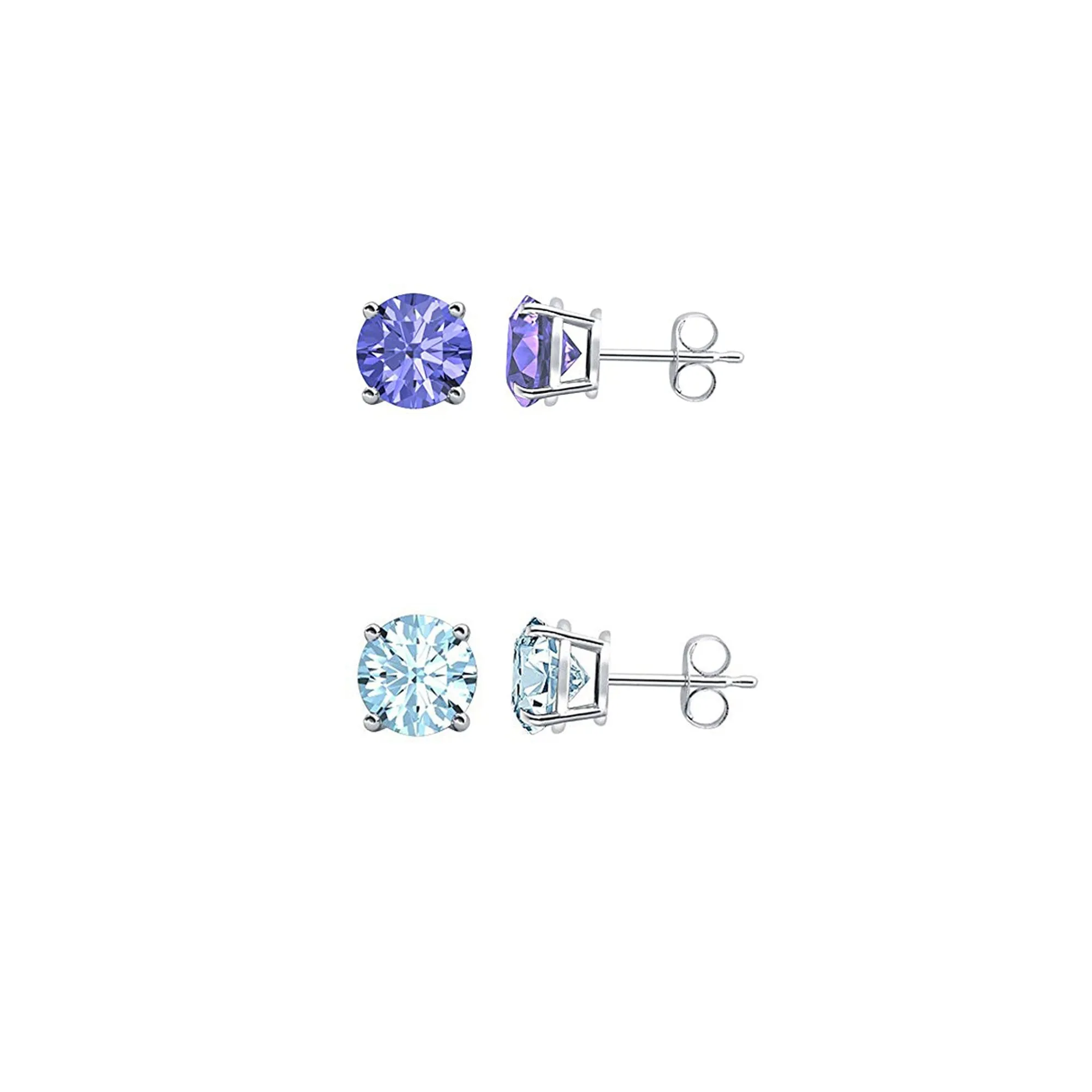 24k White Gold Plated 1/2Ct Created Tanzanite and Aquamarine 2 Pair Round Stud Earrings