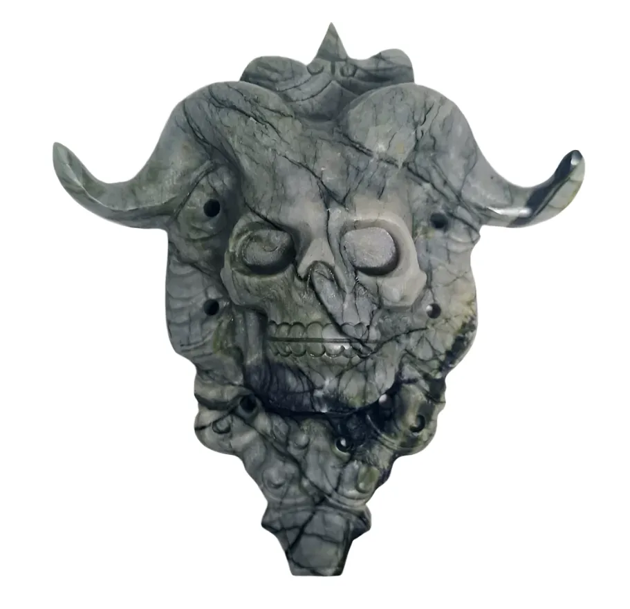 672G Jade Crystal Horned Skull Slab with Holder