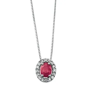 9ct White Gold Oval Ruby And Diamond Cluster Necklace