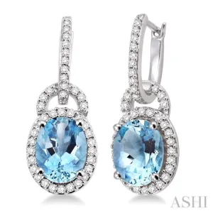 9x7 MM Oval Cut Aquamarine and 3/8 Ctw Round Cut Diamond Earrings in 14K White Gold