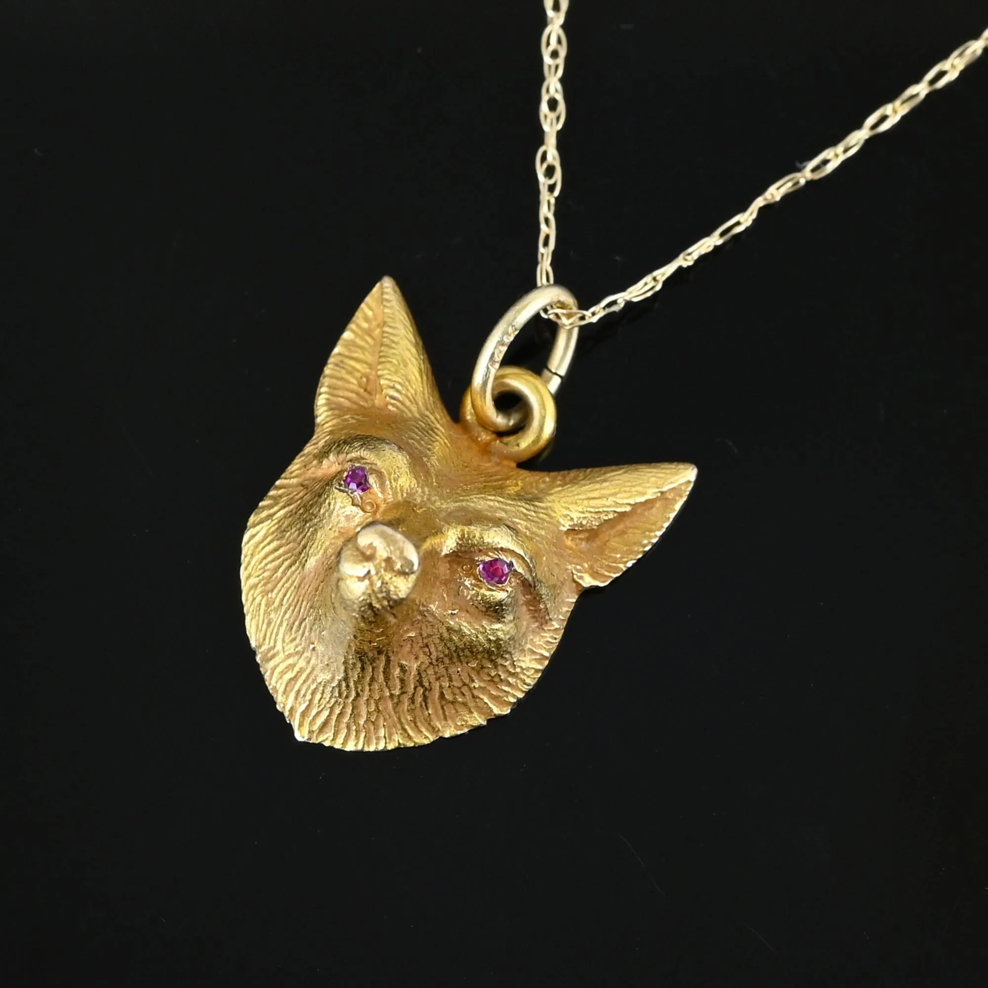 Antique 14K Gold Ruby Eye Fox Pendant Necklace