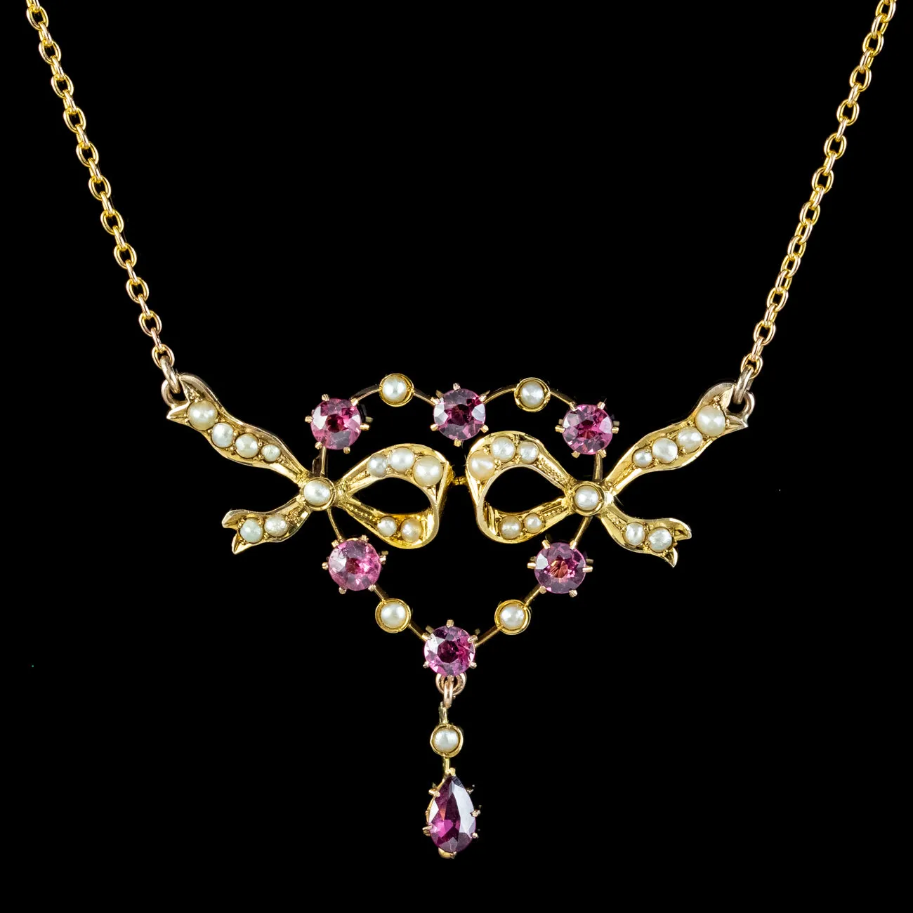 Antique Edwardian Pink Tourmaline Pearl Lavaliere Necklace 9ct Gold