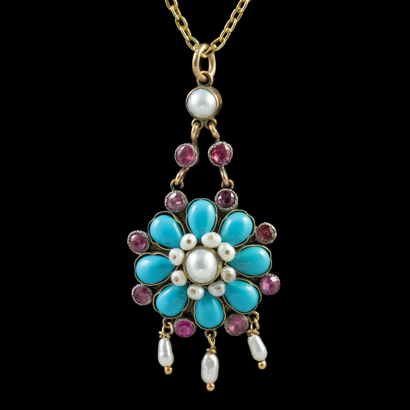 Antique Victorian Turquoise Ruby Natural Pearl Pendant Necklace 9Ct Gold Circa 1880