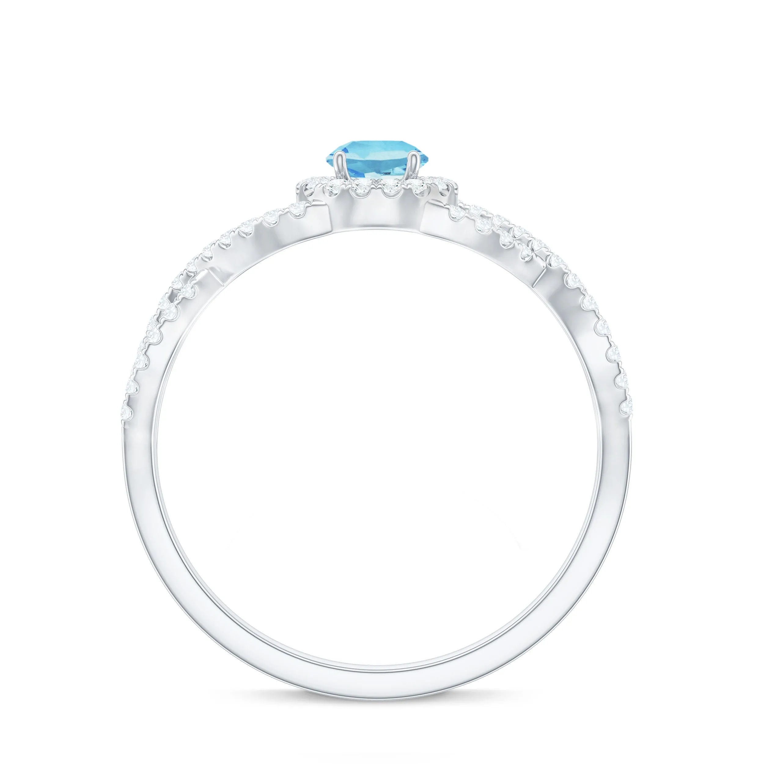 Aquamarine Criss Cross Engagement Ring with Diamond Halo