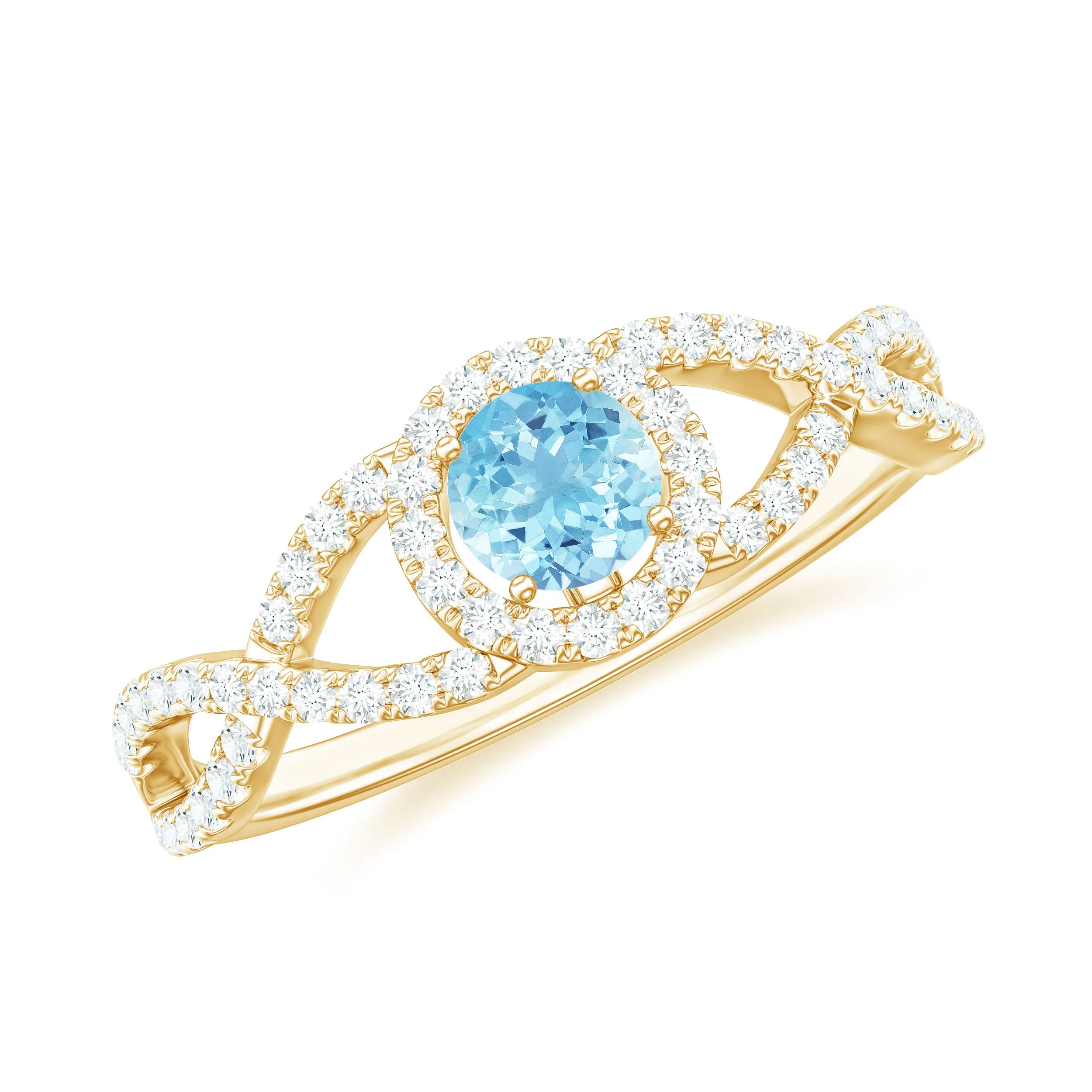 Aquamarine Criss Cross Engagement Ring with Diamond Halo