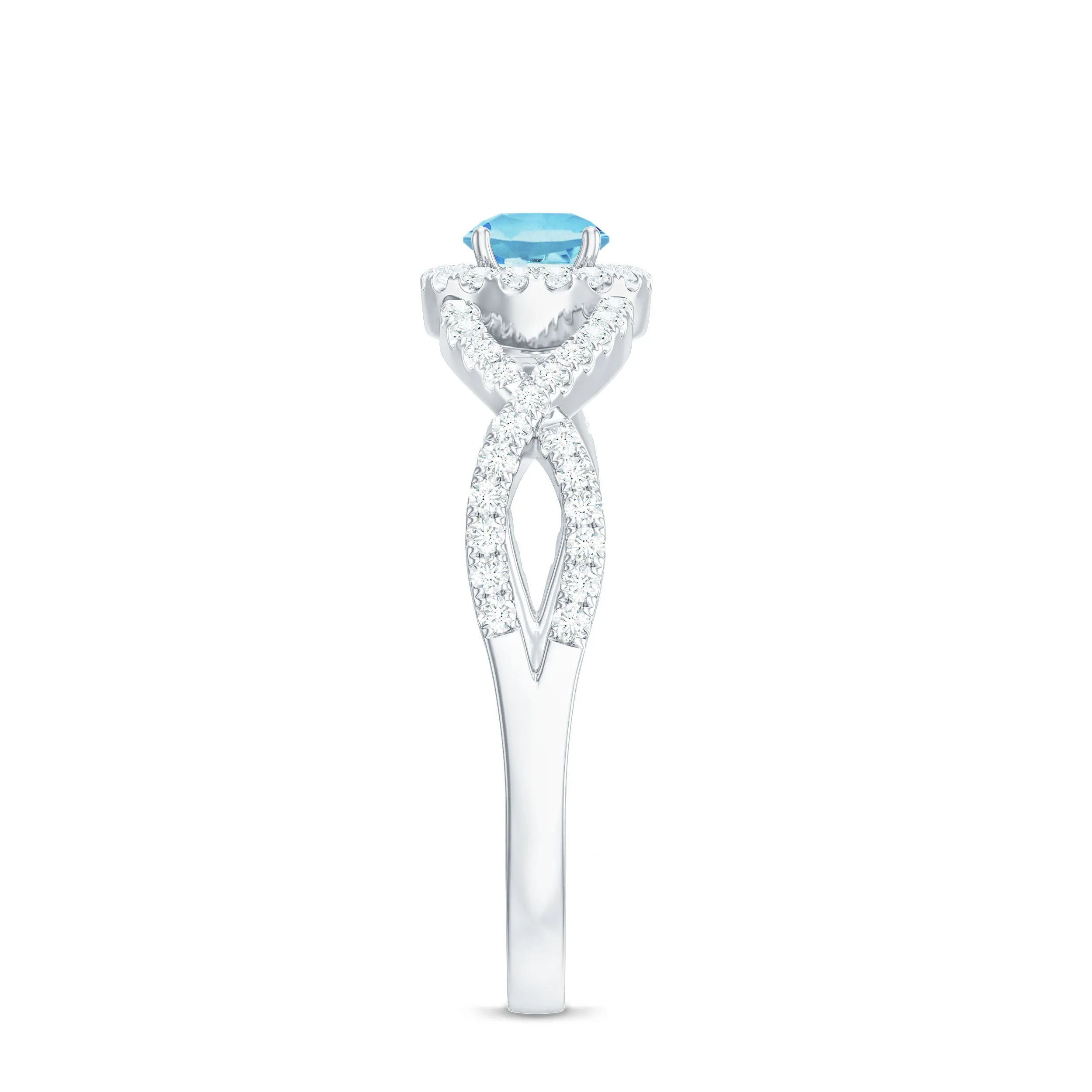 Aquamarine Criss Cross Engagement Ring with Diamond Halo