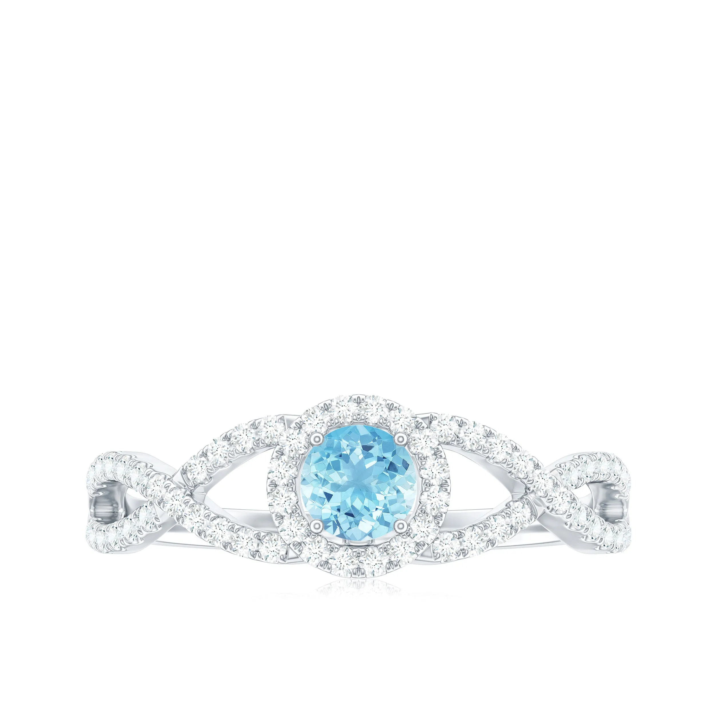 Aquamarine Criss Cross Engagement Ring with Diamond Halo