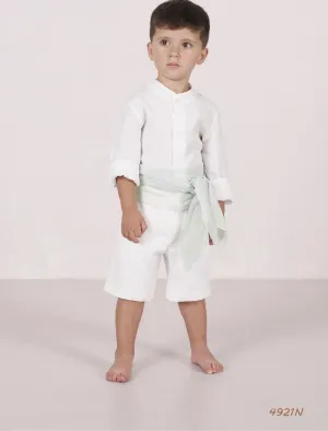 Baby Boy Wedding Outfit Set – Aquamarine Sash, Ivory Linen Cotton Shorts & Guayabera