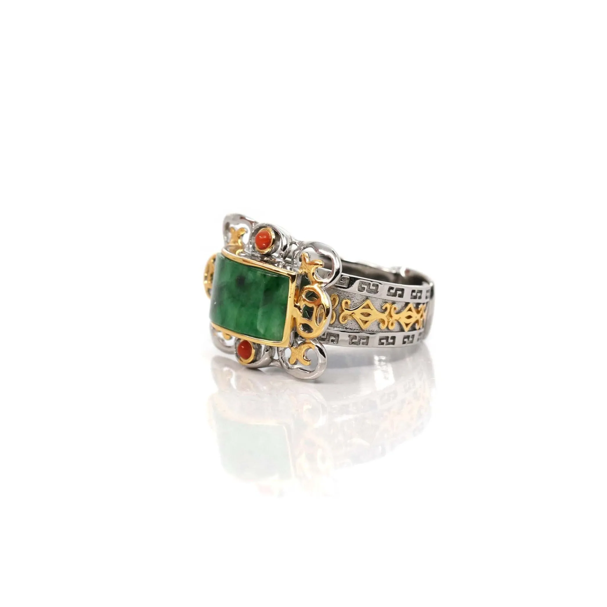 Baikalla "Antique Style" Sterling Silver Gold Plated Jadeite Jade Adjustable Ring With Agate Accents