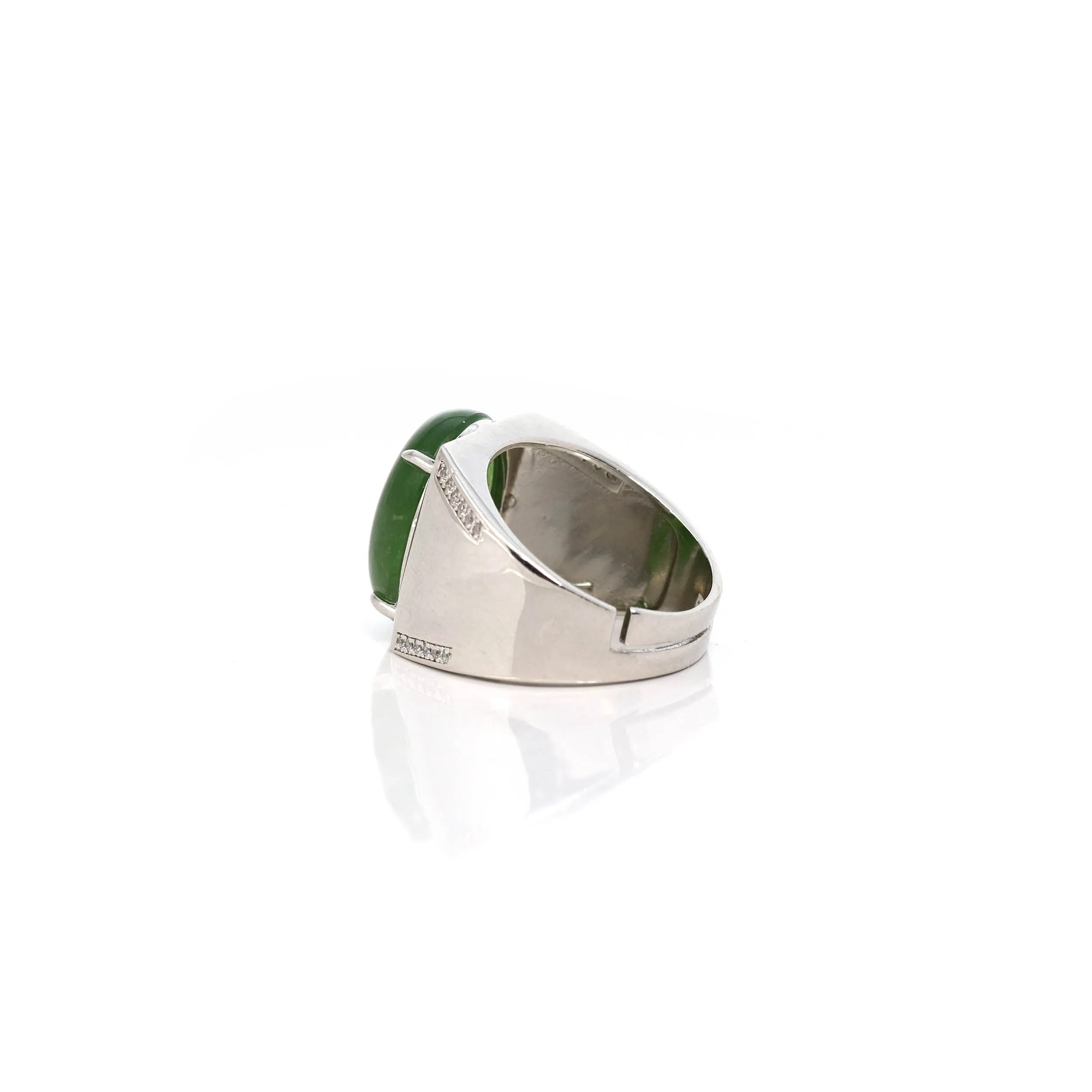 Baikalla Sterling Silver Oval Green Nephrite Jade Men's Adjustable Signet Ring With Zircon