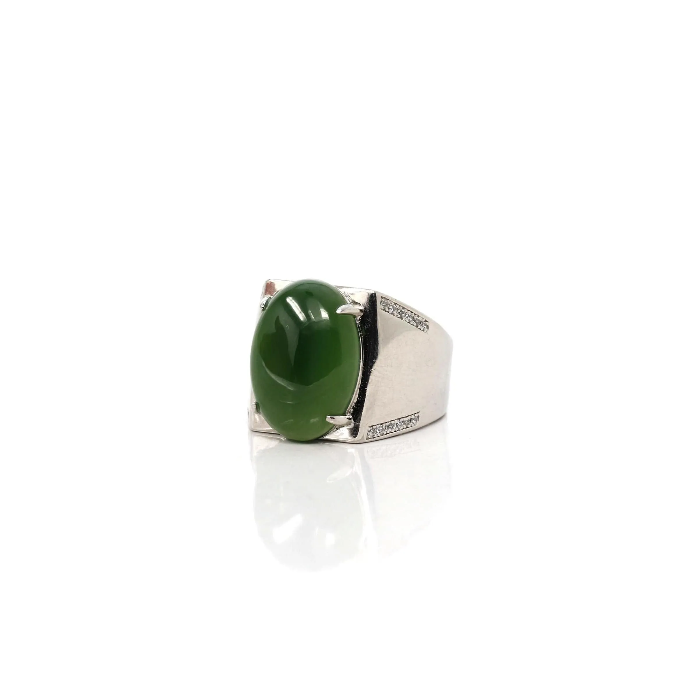 Baikalla Sterling Silver Oval Green Nephrite Jade Men's Adjustable Signet Ring With Zircon