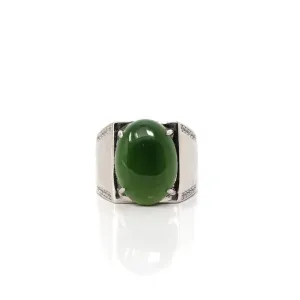 Baikalla Sterling Silver Oval Green Nephrite Jade Men's Adjustable Signet Ring With Zircon