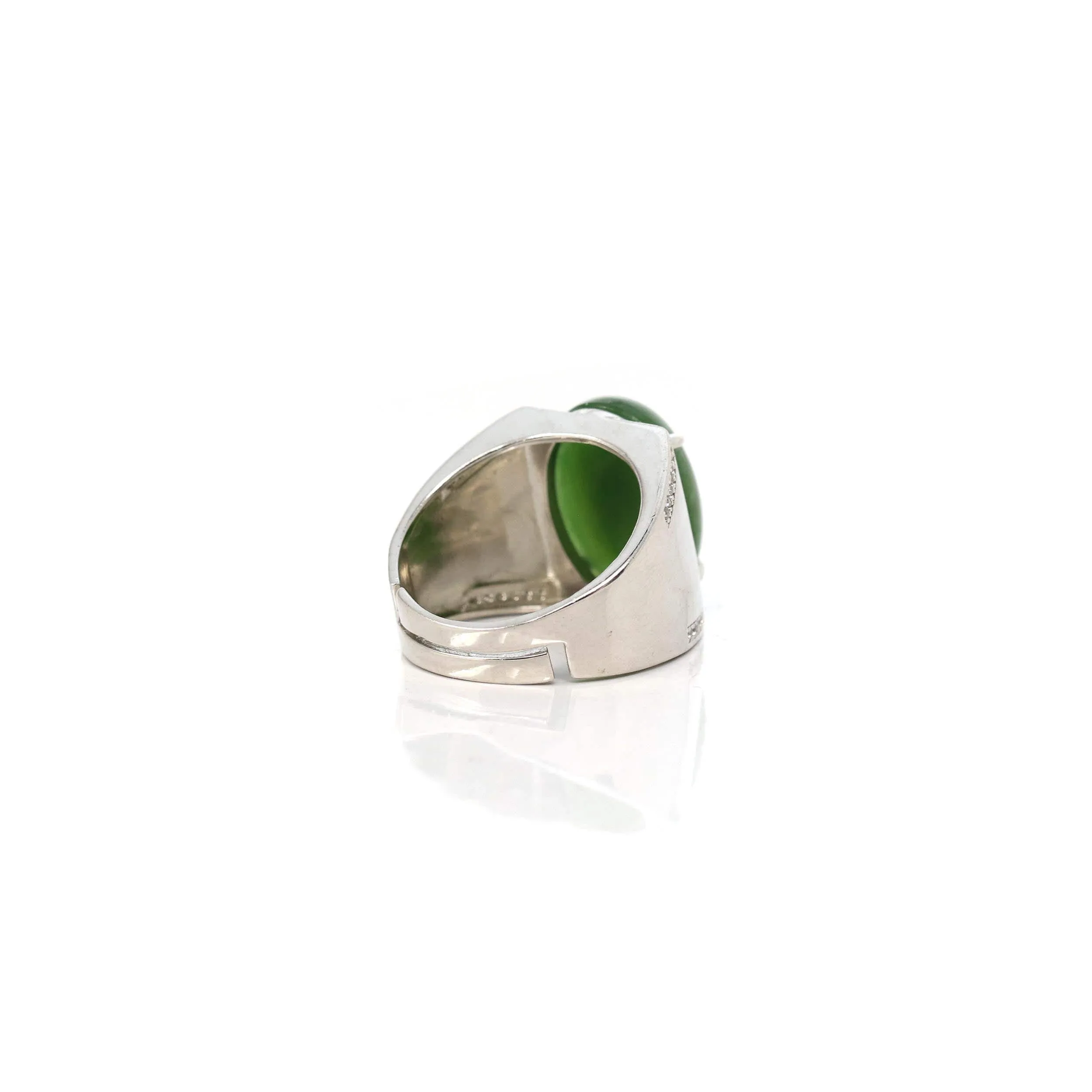 Baikalla Sterling Silver Oval Green Nephrite Jade Men's Adjustable Signet Ring With Zircon