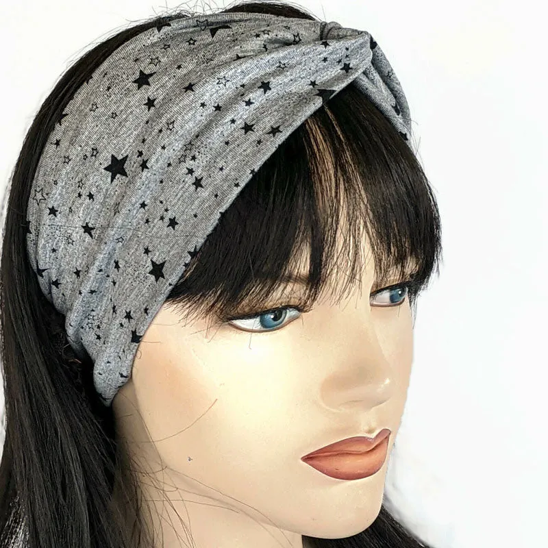 Bamboo blend wide turban style comfy wide knit headband, black stars on grey