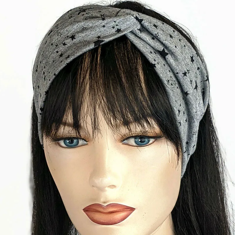 Bamboo blend wide turban style comfy wide knit headband, black stars on grey