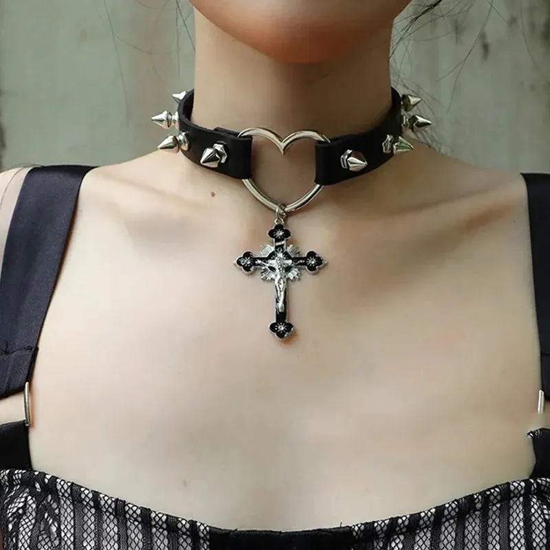 Black Grunge Heart Cross Studded Choker